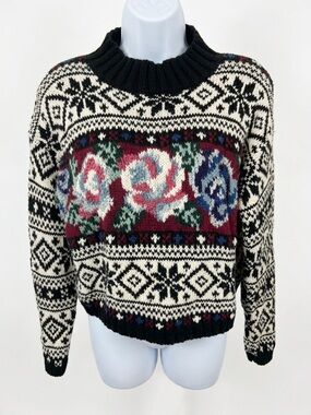 Reference Point Floral Fair Isle Mock Neck Sweater Cottagecore Knit